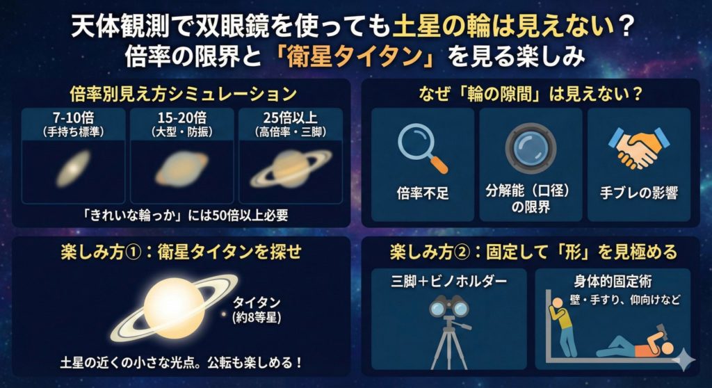 天体観測で双眼鏡を使っても土星の輪が見えない理由と、楽しみ方を書いた図