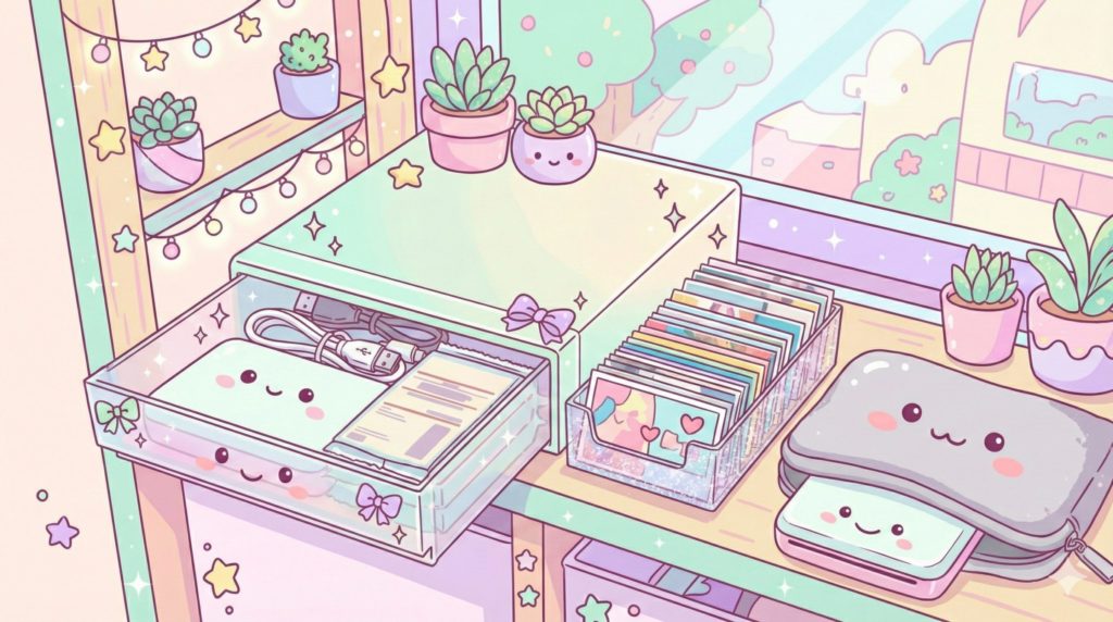 無印良品や100均の収納アイテムでフォトプリンターや写真用紙がしっかり収納できているイメージイラスト