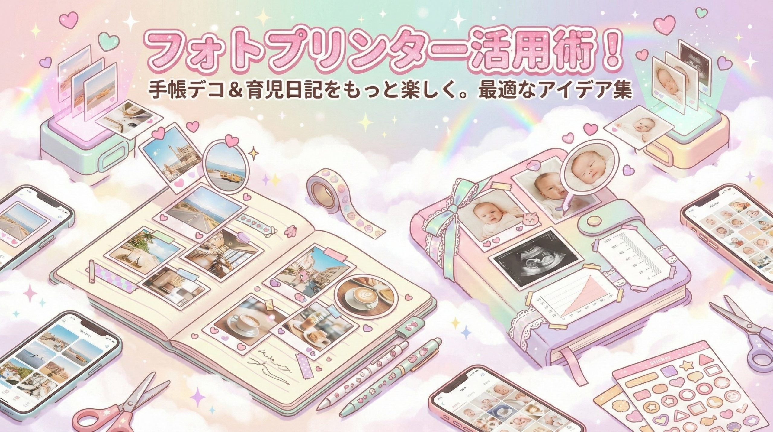 フォトプリンターで手帳デコや育児日記を楽しくするアイデアを表現したイメージイラスト