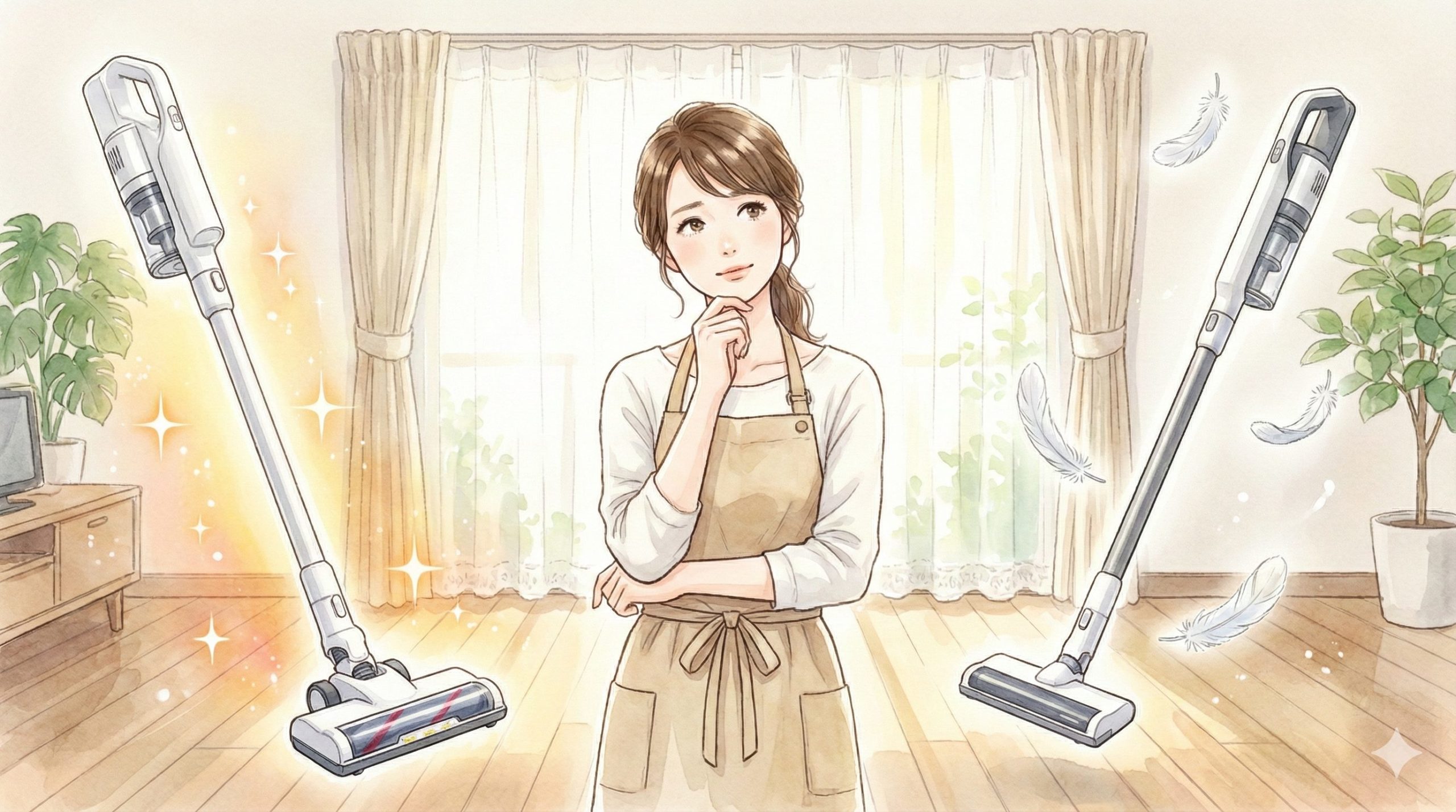 MC-NX700K(機能満載)とMC-NX500K(軽量特化)で悩む主婦のイメージ