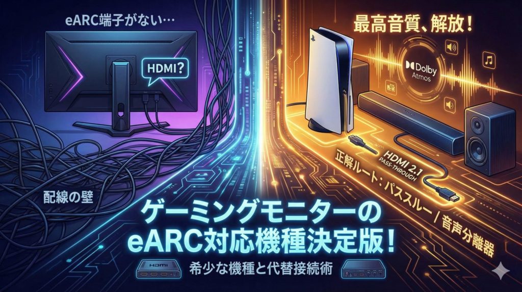 ゲーミングモニターのeARC対応機種と対応してない機種の代替接続術のイメージ画像