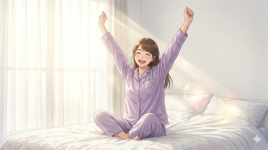 ニトリのリカバリーウェアを着て朝日に照らされながら、満面の笑顔で両手を上げて背伸びをしている女性のイメージ