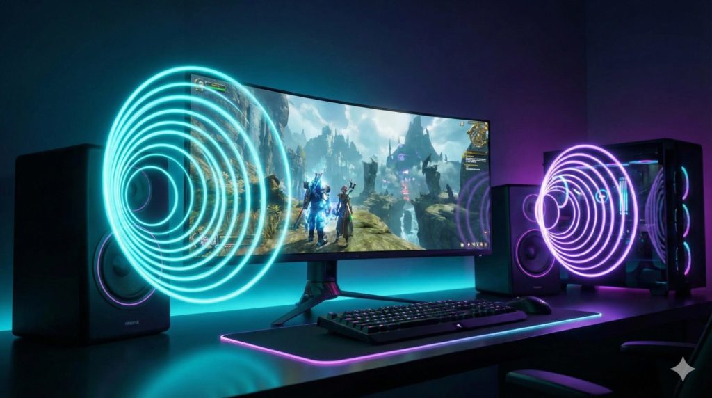 ゲーミングモニターに接続したスピーカーがパワフルな音響を提供しているイメージ