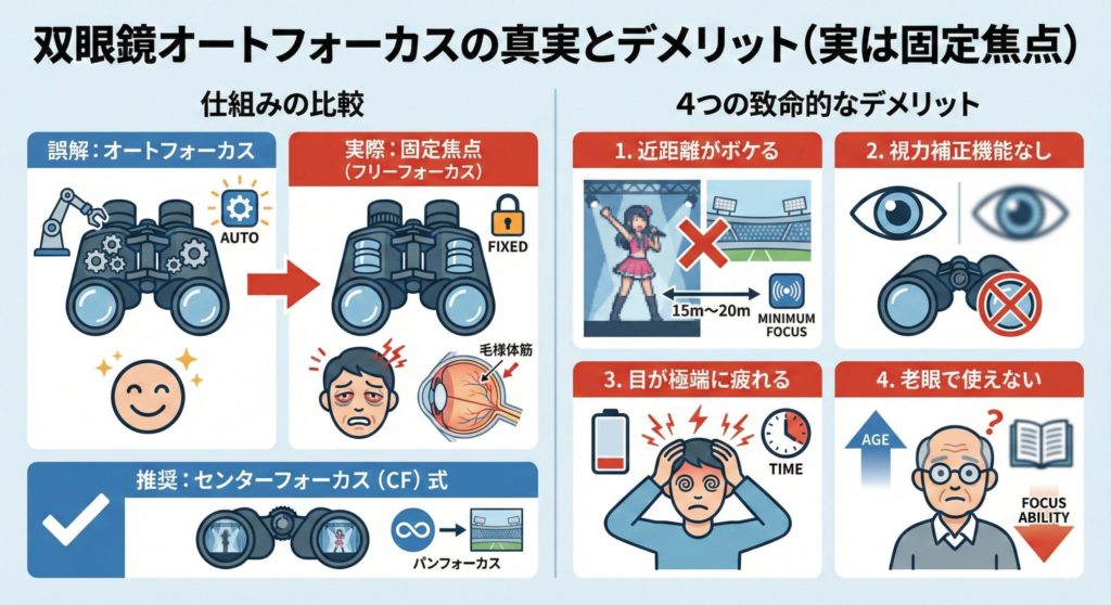 双眼鏡のオートフォーカスのデメリット、仕組みなどを説明している図解