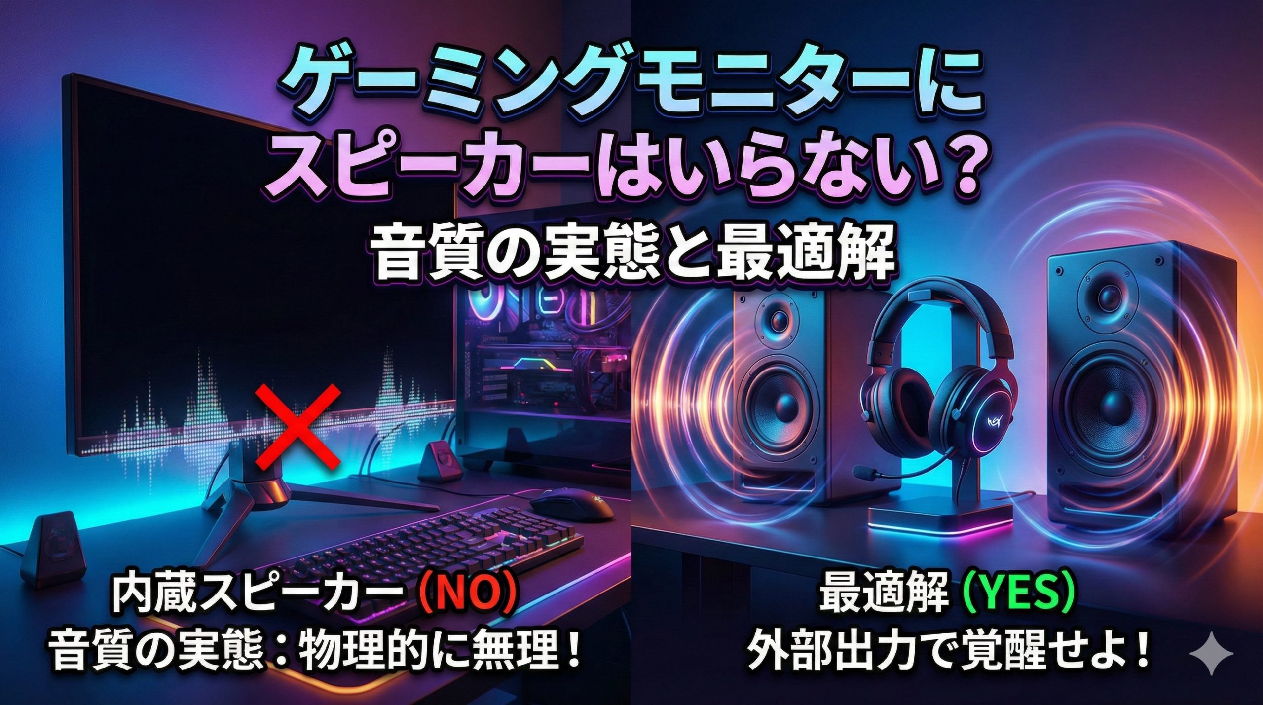 ゲーミングモニターにスピーカーは要らないことを表したイメージ画像