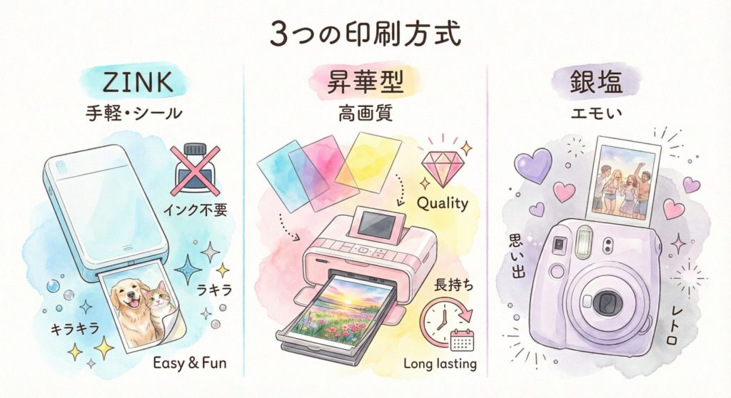 フォトプリンターの3つの印刷方式（ZINK、昇華型、銀塩）の特徴と比較チャート図