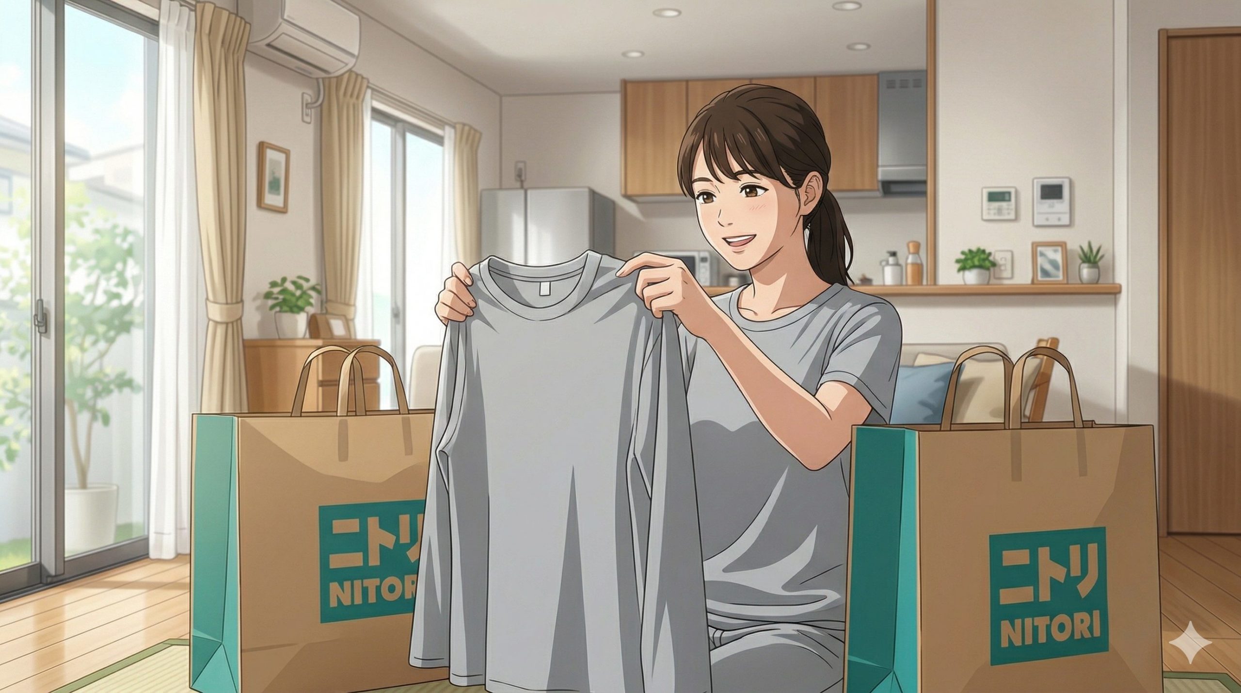 ニトリのリカバリーウェアを手に取り満足げな女性のイメージ