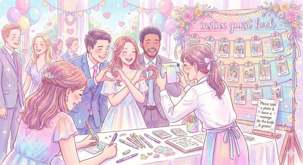 結婚式のウェルカムスペースで、ゲストの写真を撮ってその場でコメントをもらう演出のイメージイラスト
