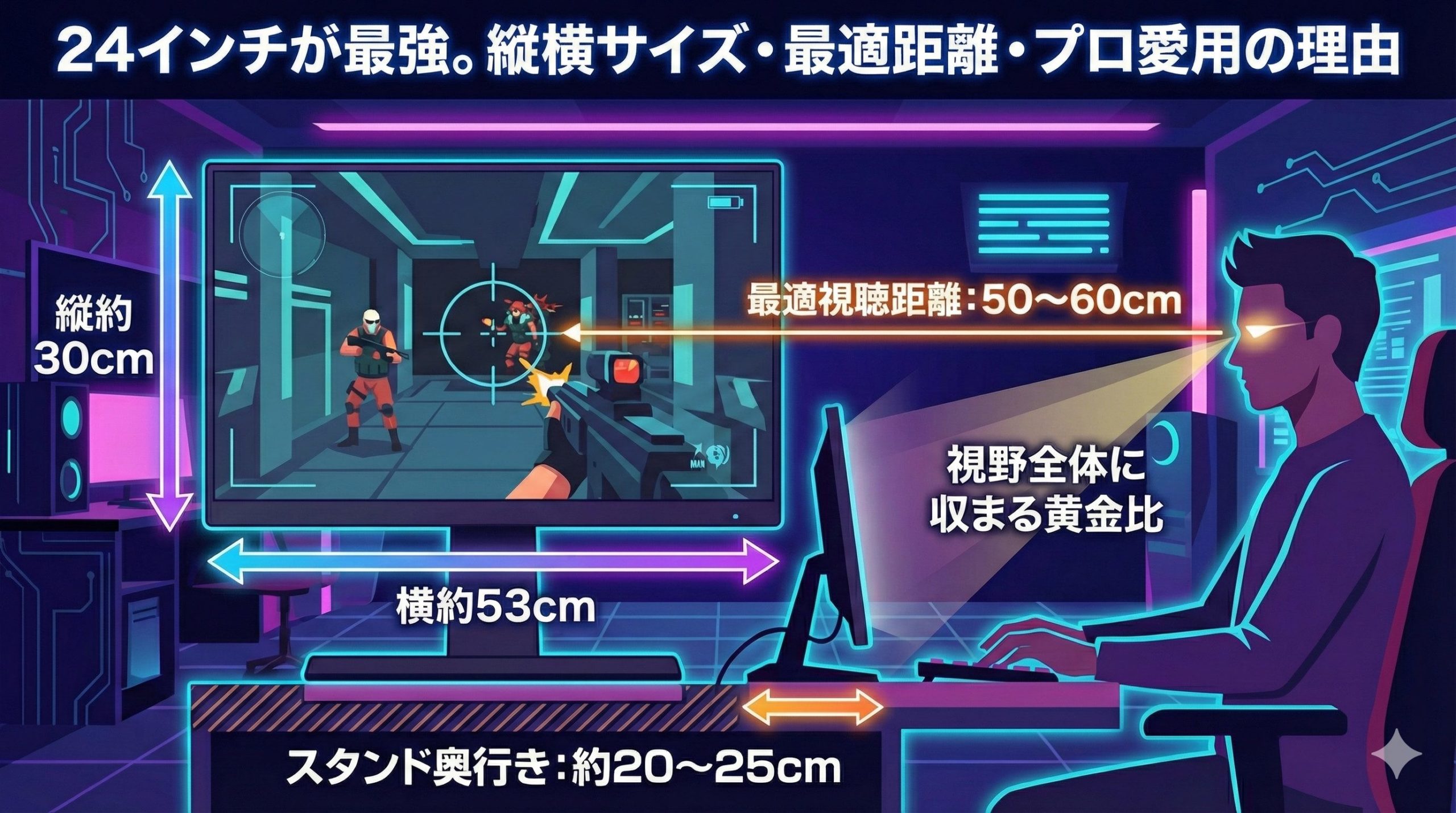 FPSにおける24インチゲーミングモニターが最強だというイメージ画像
