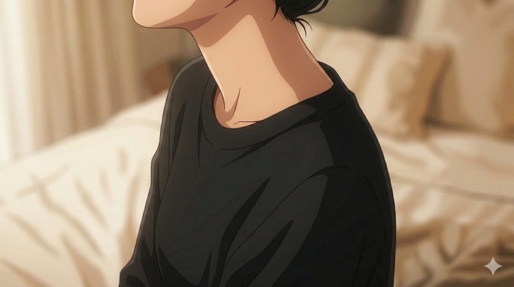 リカバリーウェアを着てリラックスした女性の肩周りのアップのイラスト