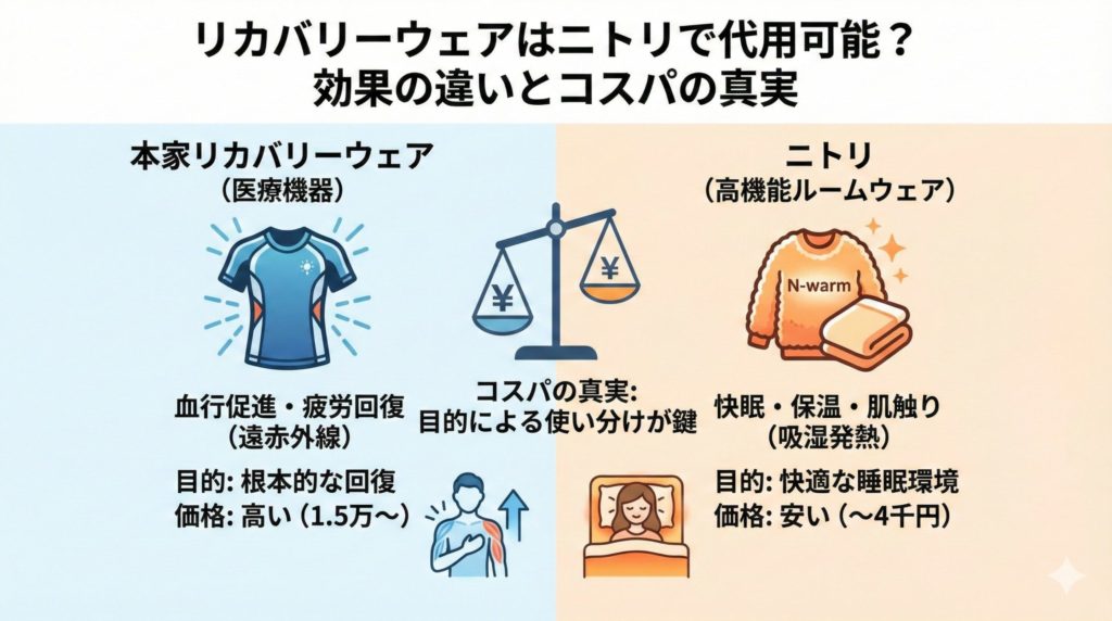 リカバリーウェアとニトリの高機能ウェアの対比で代用可能かを表したイメージ