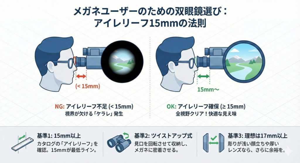 メガネをかけたまま双眼鏡を使う場合の双眼鏡の選び方の図解