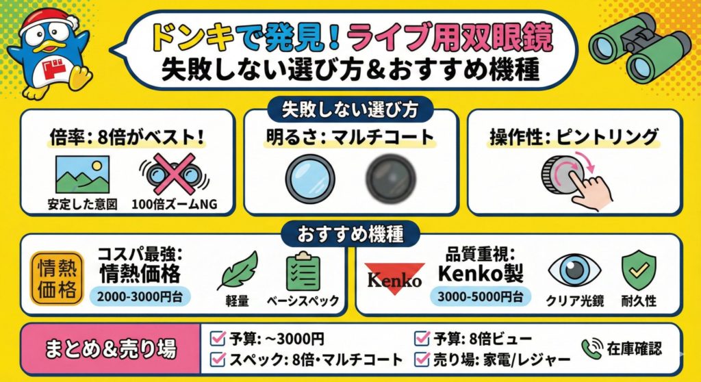 双眼鏡が安いドンキでの失敗しない選び方のイメージ図
