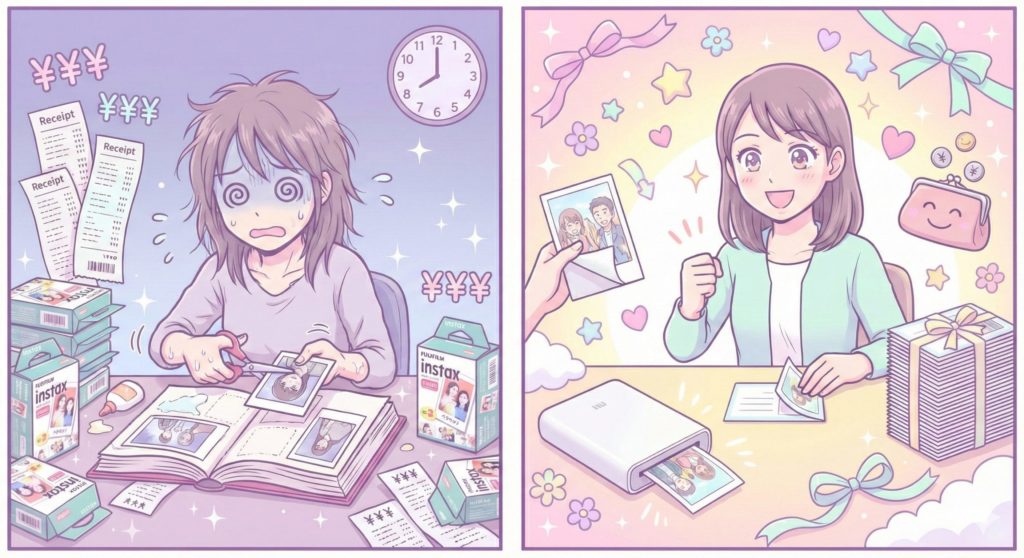 メッセージカードをたくさん作る場合に、機種選びを間違えた時と最適な機種を選んだ時の比較イメージ