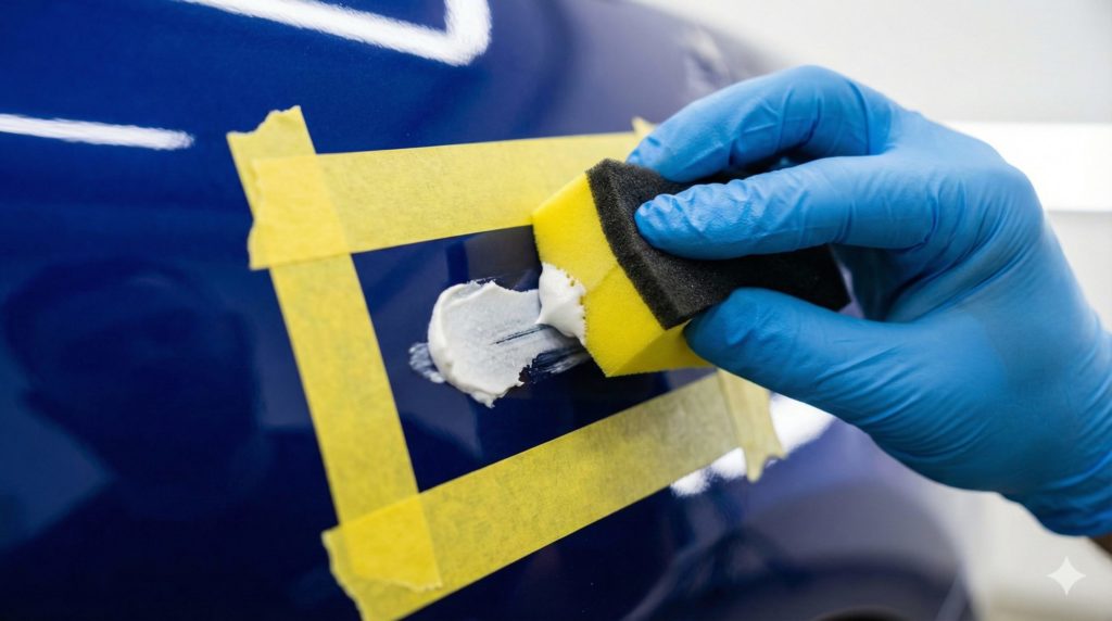 車の擦り傷にコンパウンドをスポンジで塗布しているイメージ