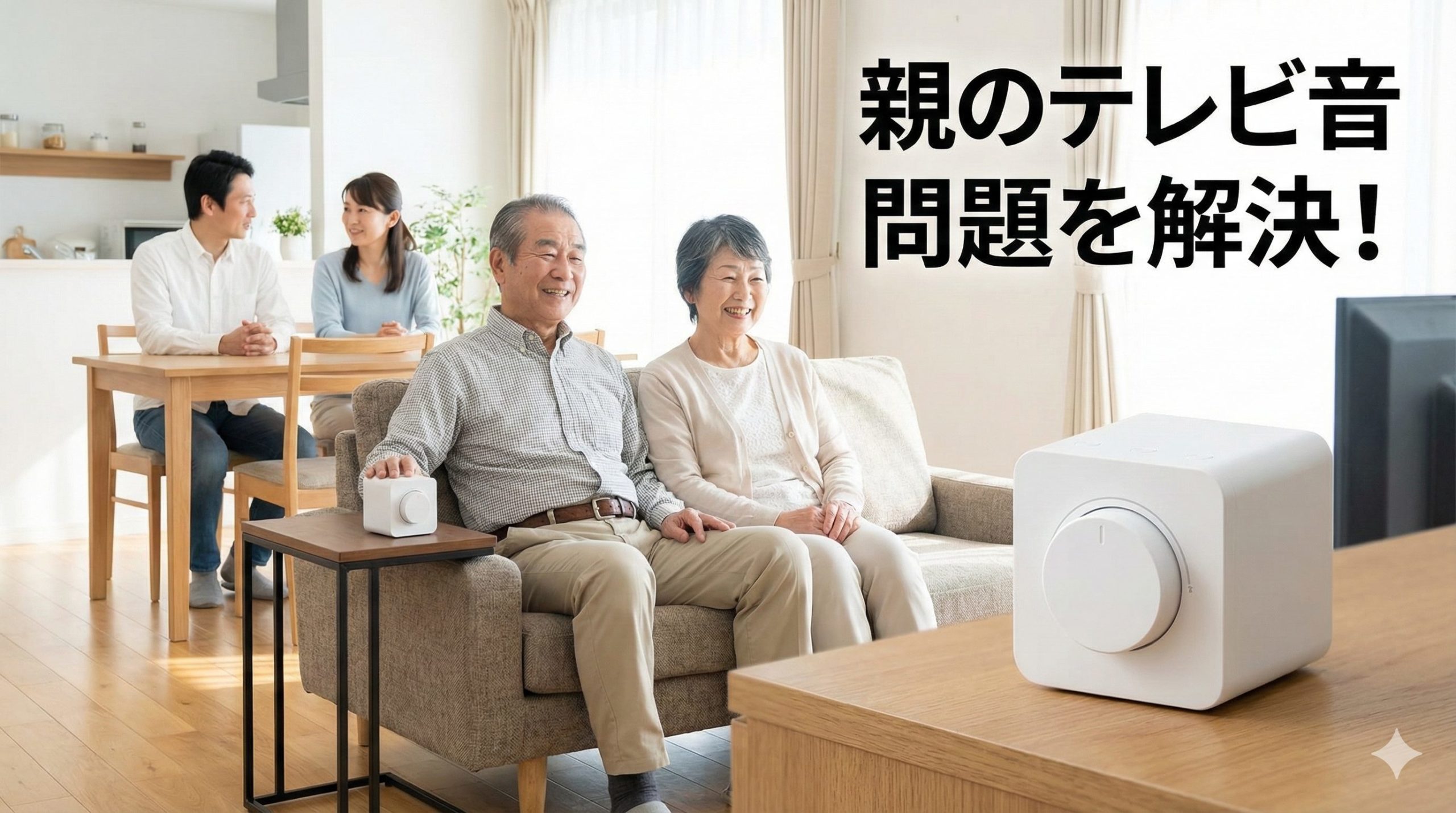 親が観るテレビの音が大きい問題を手元スピーカーで解決して娘夫婦が安心して会話をしているイメージ
