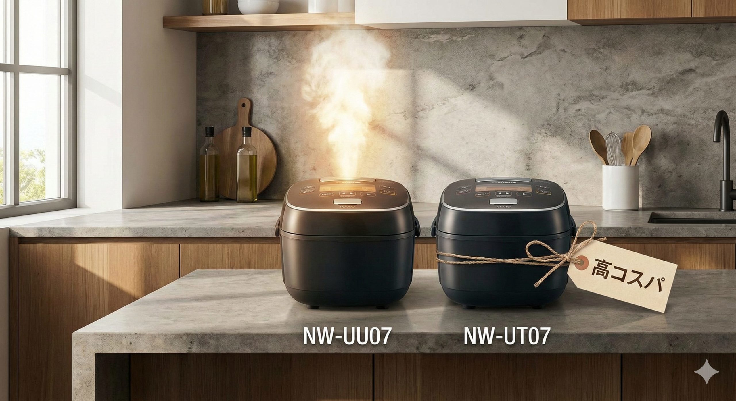 象印の炊飯器NW-UU07とNW-UT07を並べて違いを比較しているイメージ