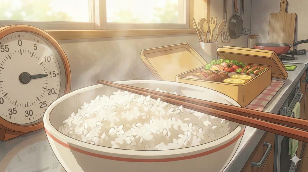 時計の針が15分を指しており、その横でほかほかのご飯が茶碗に盛られている様子。背景にはお弁当箱があり、忙しい朝を表現したイメージ