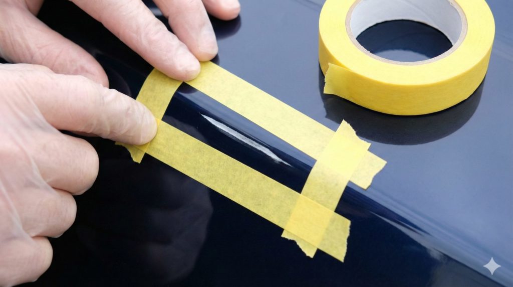 車の傷の上下左右をマスキングテープで囲んでいるイメージ