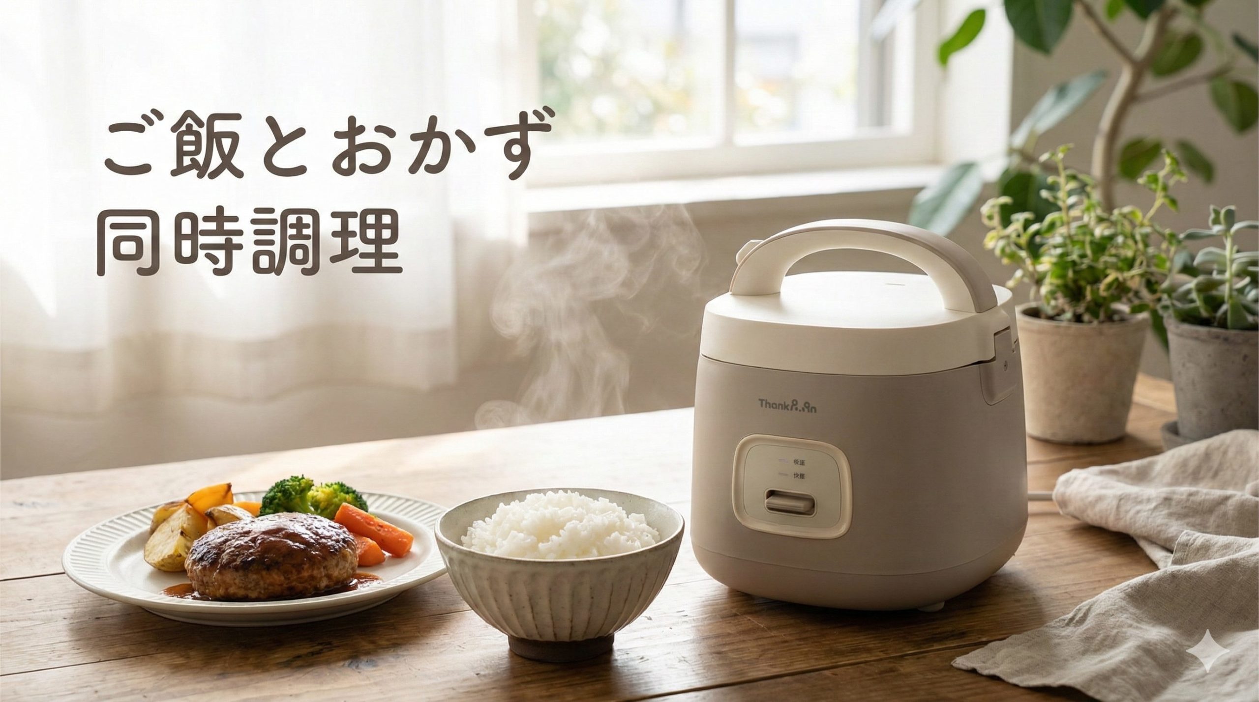 サンコーの炊飯器「ノラノラ」の使用イメージ。ノラノラとご飯とおかずがテーブルの上に並んでいる。