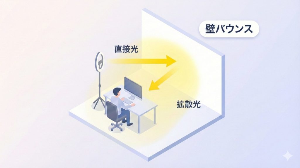 リングライトを使用した壁バウンスの図解イラスト