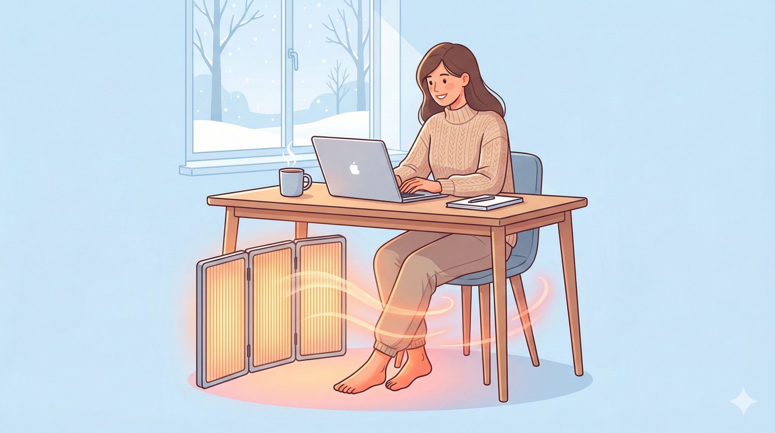 デスク足元の冷え対策にパネルヒーターを使っているイメージ