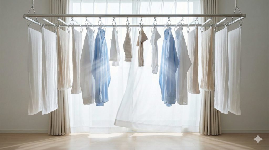洗濯物同士の間隔を空けてアーチ干しで、部屋の真ん中高い位置に干すイメージ