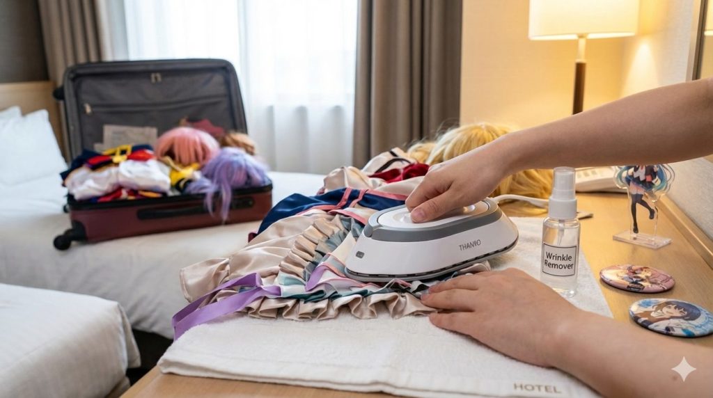 コスプレの遠征先でコスプレ衣装にポタロンでアイロンをかけているイメージ