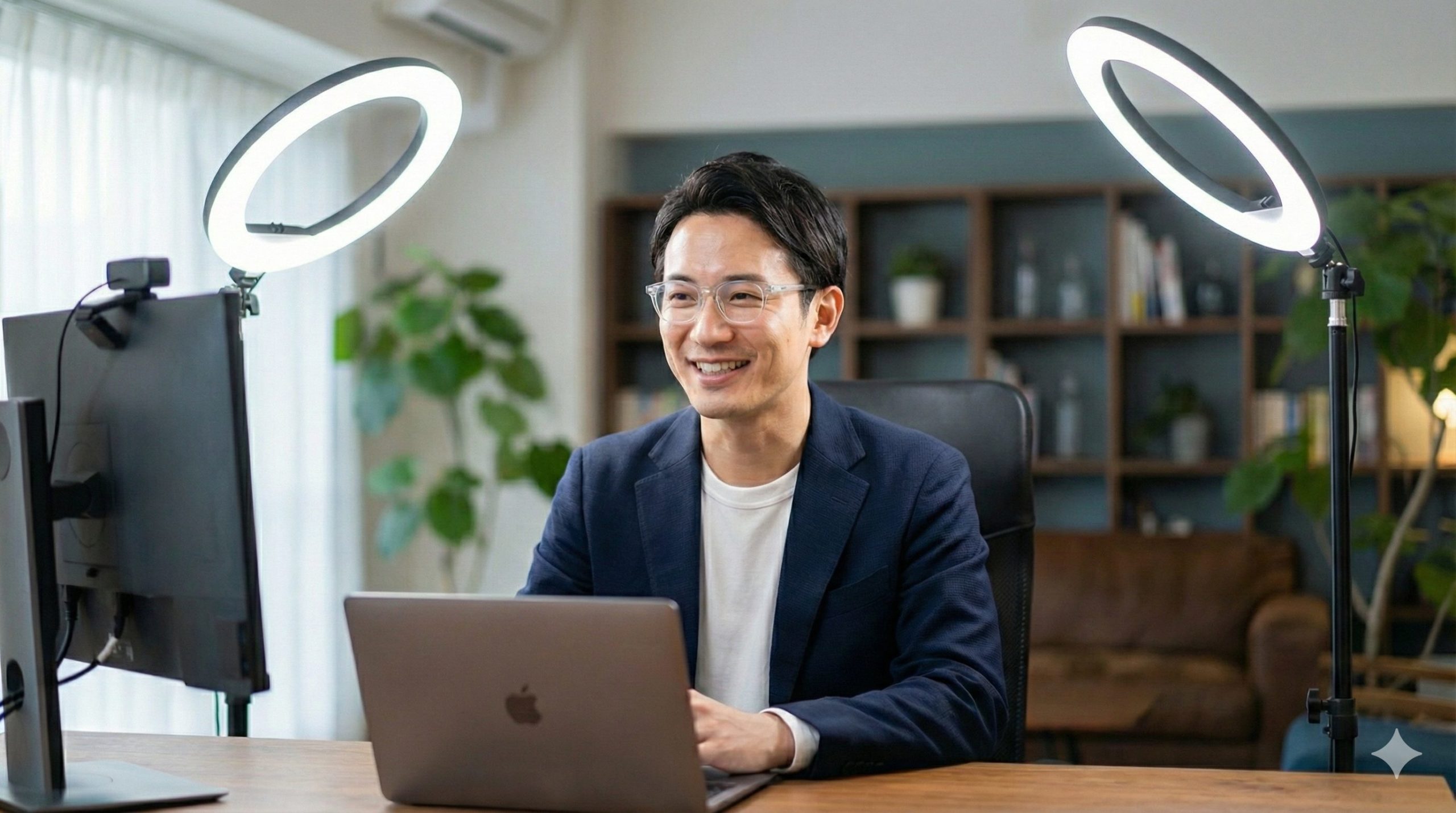 Web会議でリングライトを使用しても眼鏡に光が反射しないイメージ