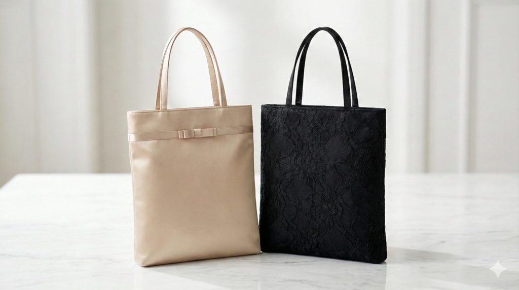 サテンやレース素材のサブバッグ（黒、ベージュ）が並んでいる様子。上品でフォーマルなデザイン。