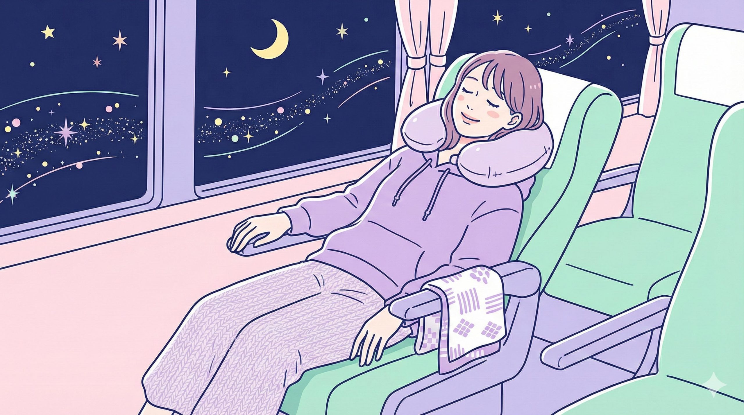 夜行バスでの首が痛くなる悩みをネックピローで解決して快適に眠るイメージ