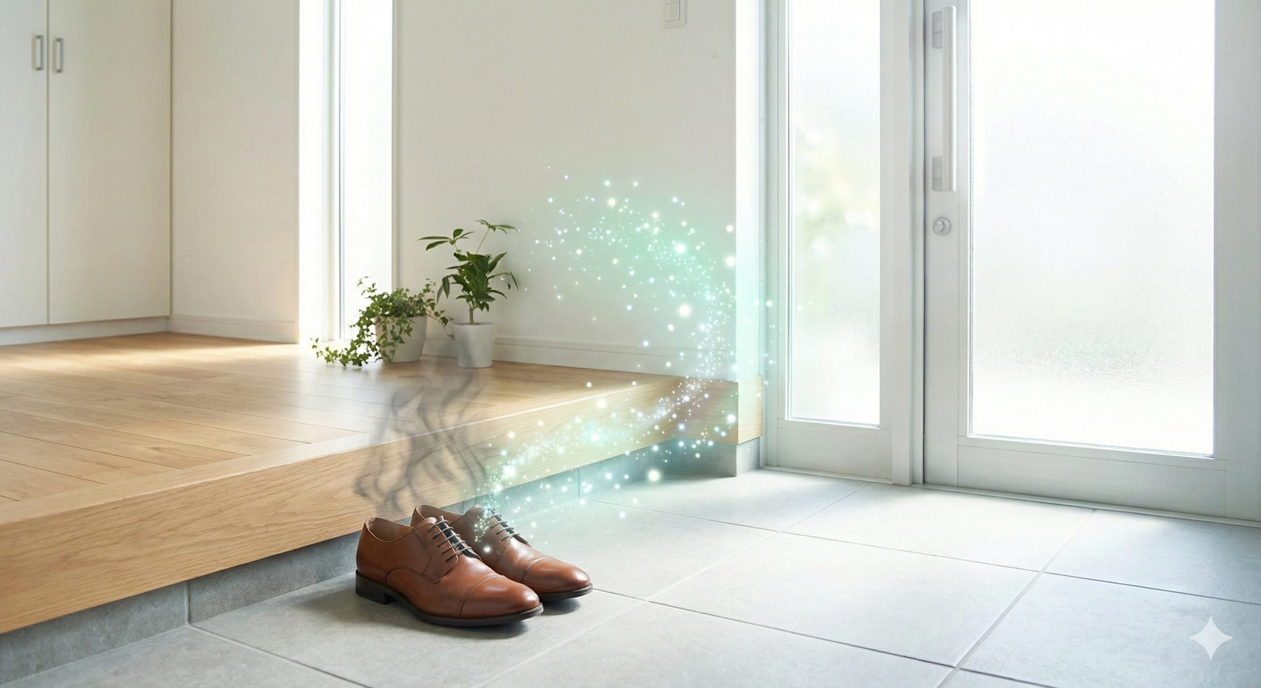 玄関に置かれた靴が悪臭を放っているが、消臭グッズで解決するイメージ