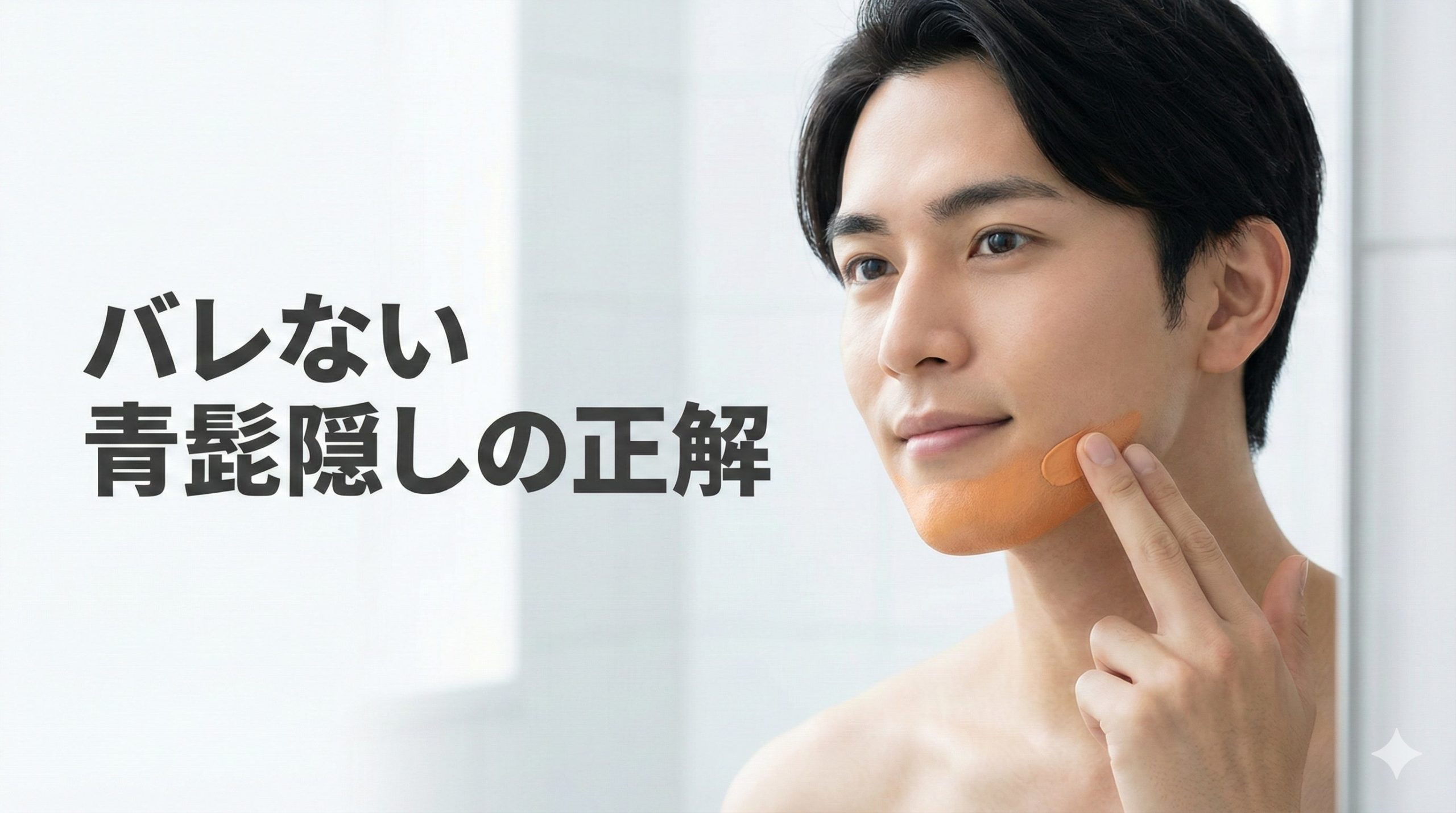 鏡の前でBBクリームを塗り青髭隠しをする男性。「バレない青髭隠しの正解」のテキスト