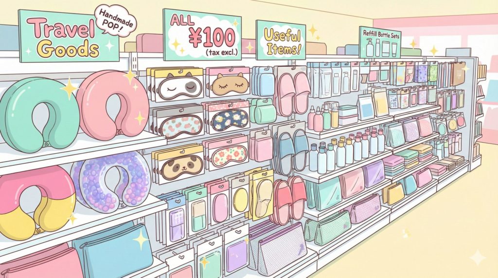 100円ショップのトラベルグッズコーナーに並ぶネックピローやアイマスク。