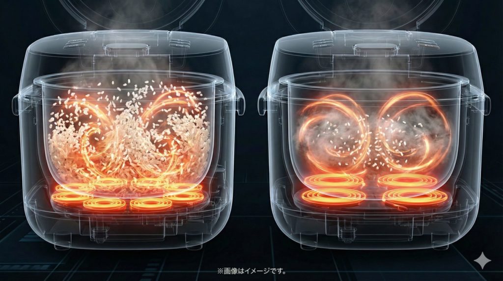 NW-UU07とNW-UT07の中身の透視図。底にあるIHコイルがそれぞれ独立して光り、釜の中で激しくお米が舞っている様子をCGで表現したイメージ