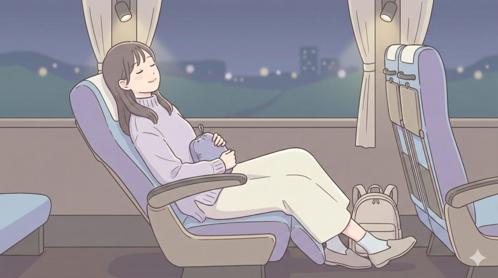 夜行バスの車内で、女性がコンパクトなネックピローを持ってリラックスしている様子。荷物が少なく整理されている。心地よい睡眠を連想させる落ち着いた雰囲気。