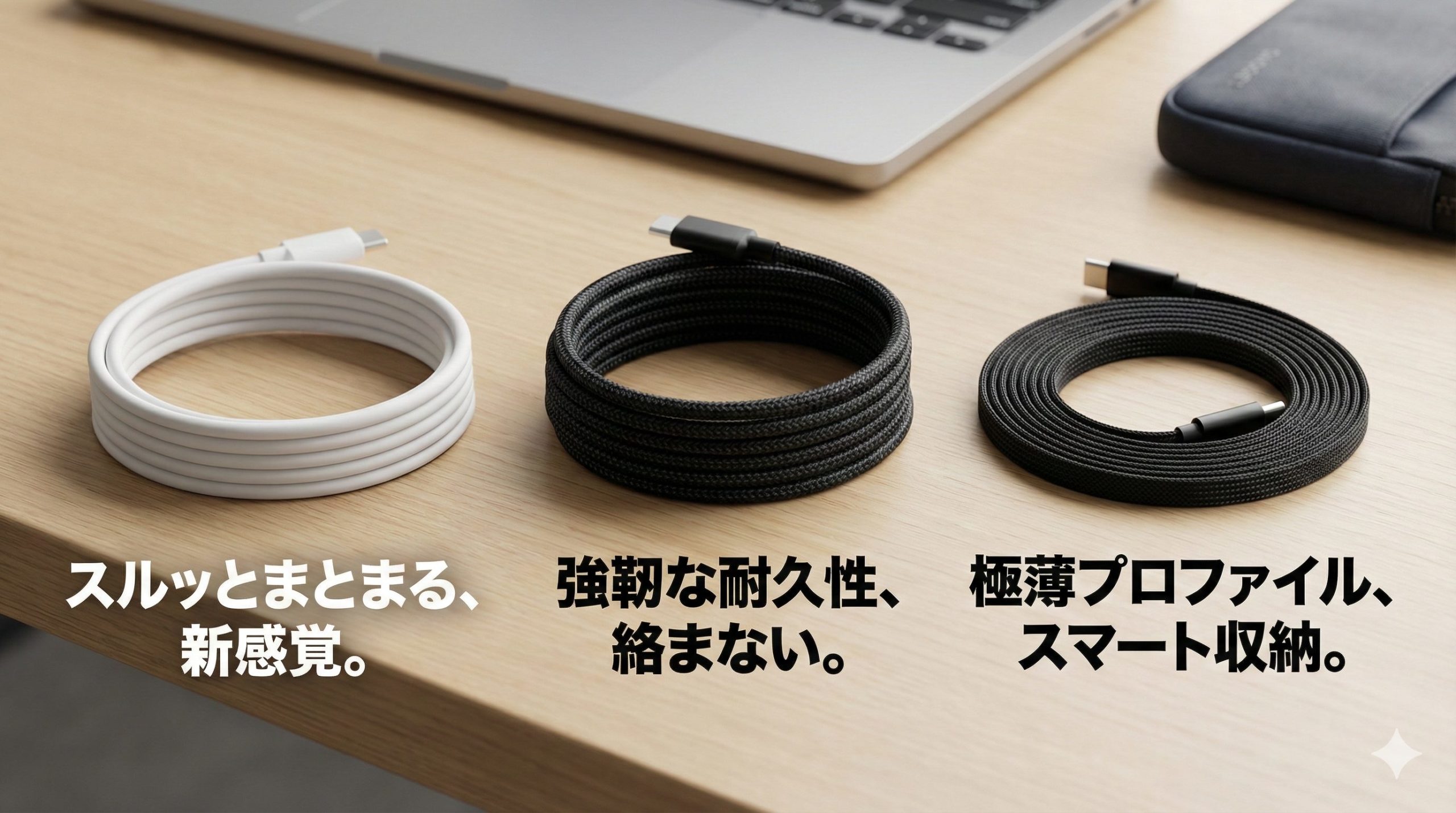 エレコムのMPA-CCTMGシリーズ「まとまるUSBケーブル」のシリコン、メッシュ、フラットの3種を横に並べたイメージ