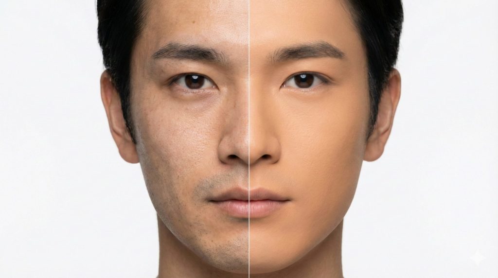 日本人男性の顔のアップ。半顔は青髭が目立つ状態、もう半顔はBBクリームで自然にカバーされ、肌が綺麗に見える状態。