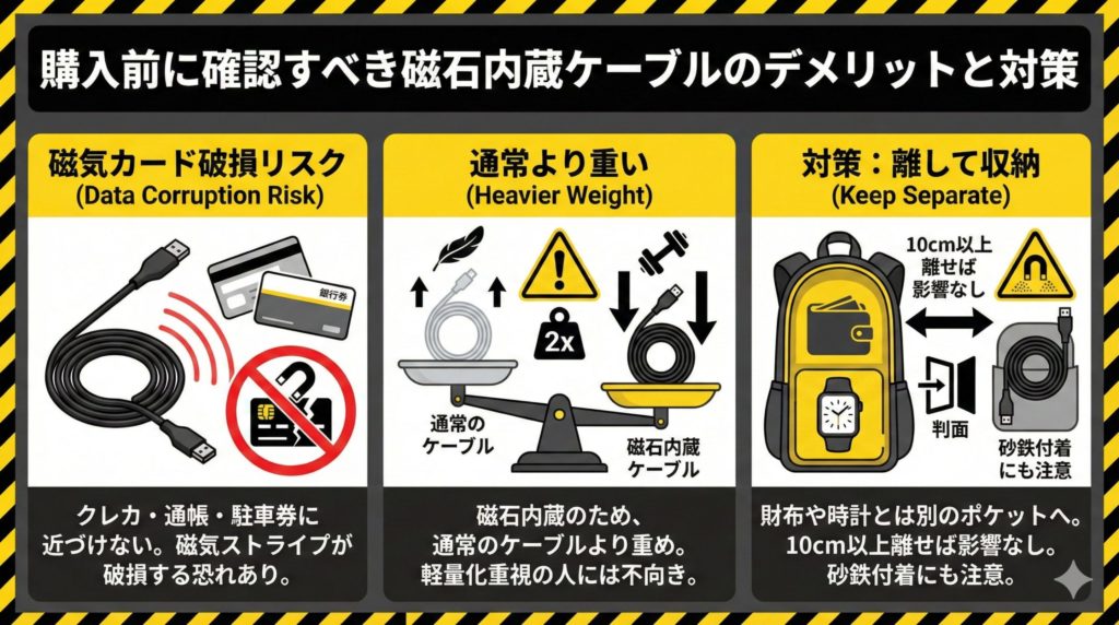 購入前に確認すべき磁石内蔵ケーブルのデメリットと対策のインフォグラフィック。磁気リスクと重さと対策を表記