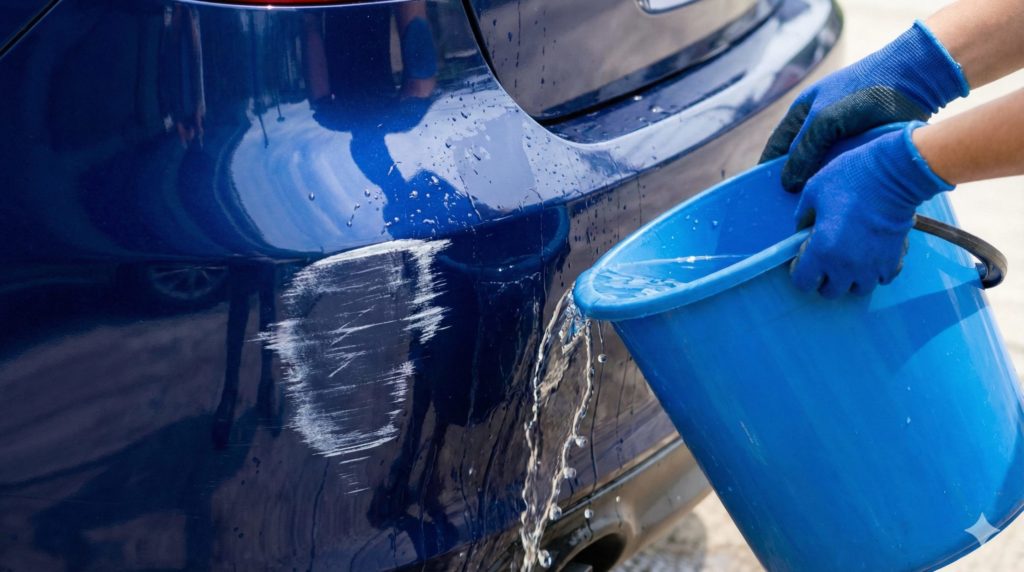 車のバンパーについた白い擦り傷に、バケツの水をかけているシーン。水がかかった部分だけ傷が消えて見えている様子のイメージ