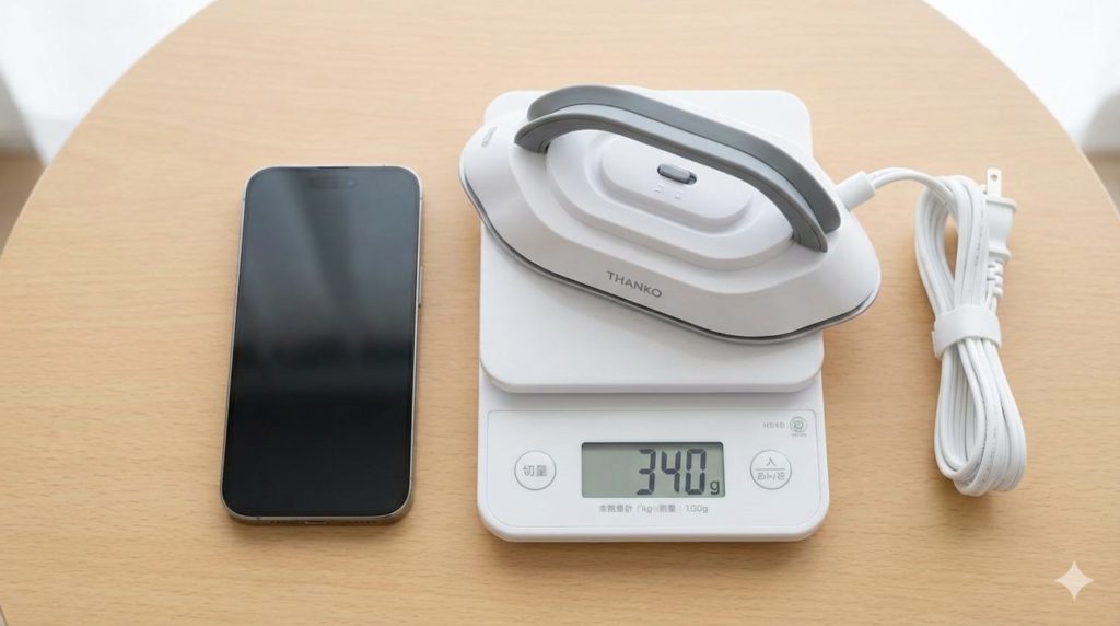 スケールに乗せたポタロンの重さが340gでスマホを横に並べて大きさの比較をしているイメージ