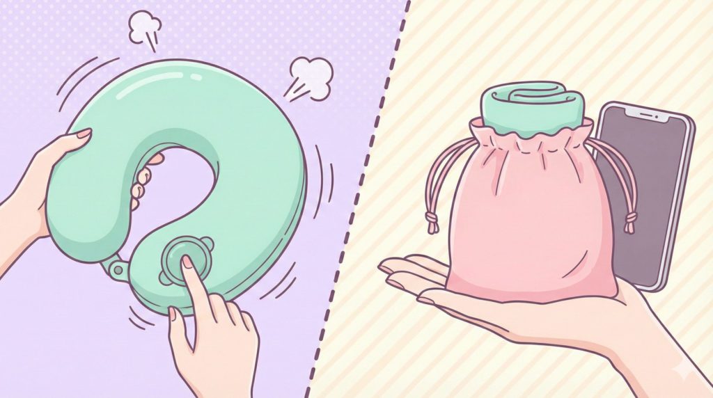 ポンプ式エアーネックピローを手で押して膨らませている様子と、収納ポーチに入った状態の比較画像。