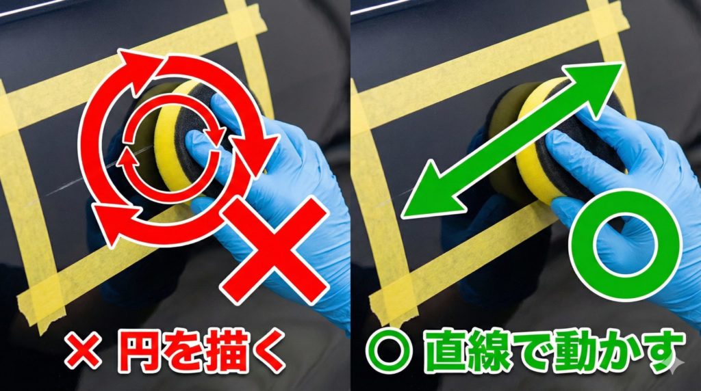 車のボディをスポンジで磨いている手元のアップ。「× 円を描く」「○ 直線で動かす」という図解矢印が入っている。