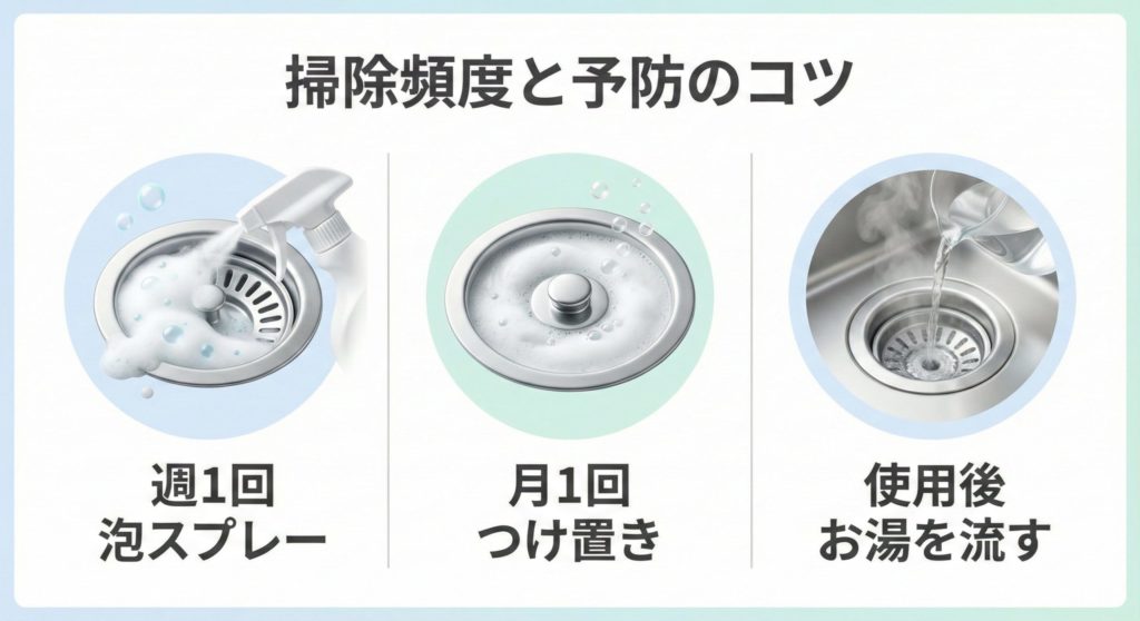 掃除頻度と予防のコツ3つ「週1泡スプレー」「月1つけ置き」「使用後お湯を流す」をあらわすインフォグラフィック