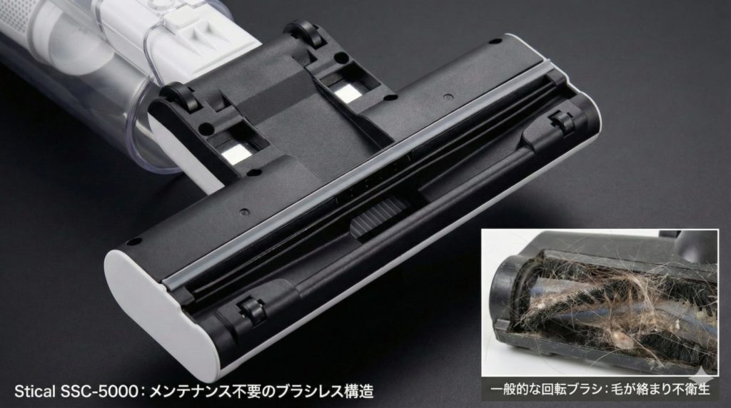 Stical SSC-5000掃除機ヘッドの裏側（吸い込み口）のアップ写真と一般的な掃除機の回転ブラシとの比較イメージ