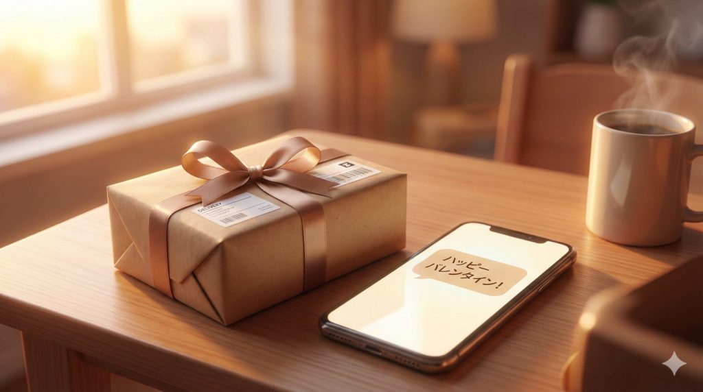 丁寧に梱包された小包と、スマホ（メッセージ画面）が置かれているイラスト