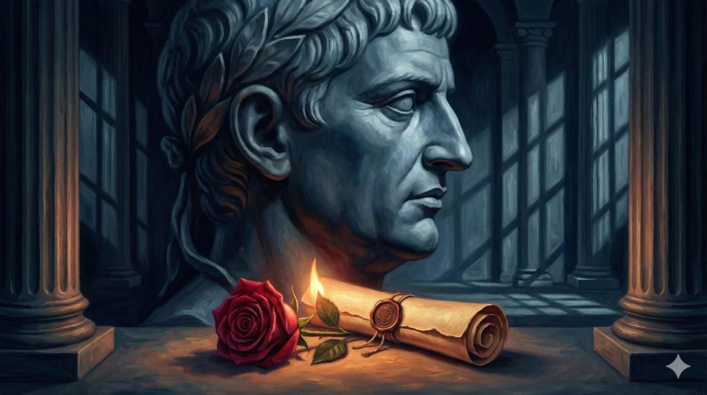 少しシックで落ち着いた雰囲気のイラスト。クラウディウス皇帝の厳しさと、それに立ち向かう愛のイメージ。