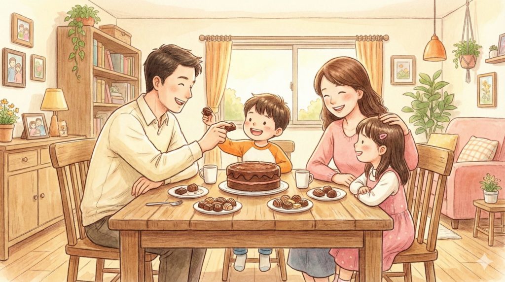 家族みんなでチョコを食べている温かいシーン。