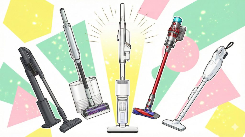 5つの掃除機の集合写真。ランキング1位から5位の掃除機が並んでいる比較画像。