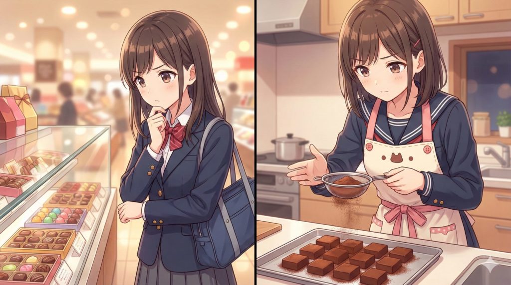 制服を着た女子高生が、デパートのチョコ売り場で悩んでいる様子、家で生チョコを作っている様子のイラスト